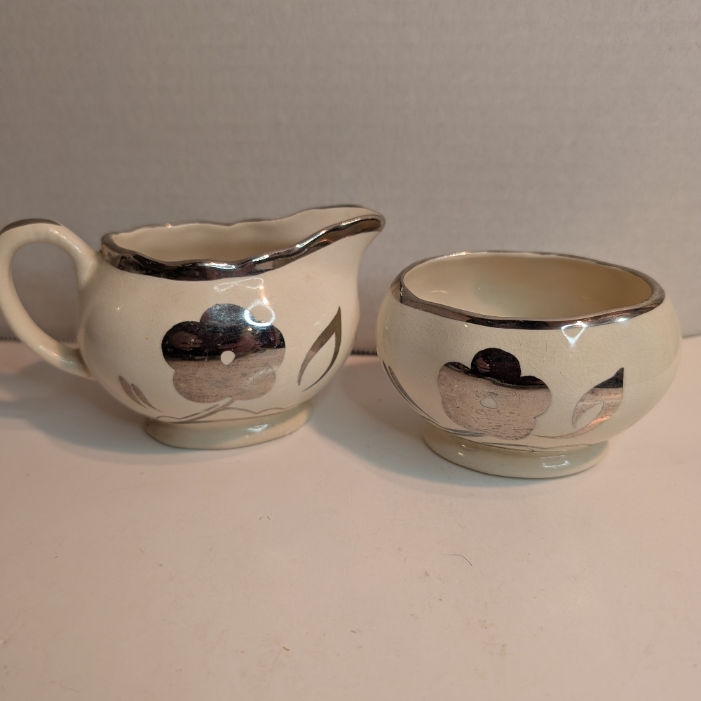 CREAMER & SUGAR BOWL SANDLAND WARE HENLEY STAFFORDSHIRE SILVER TRIM FLOWERS.